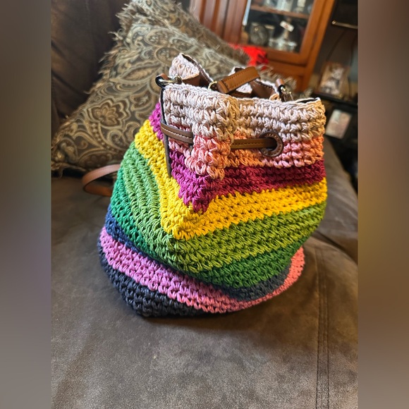 Lauren Ralph Lauren Crochet Straw Debby Drawstring Colorful Crossbody Bucket Bag - Picture 4 of 12